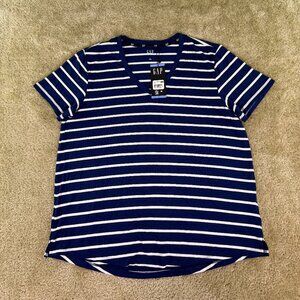 Gap Women's Soft Jersey Relaxed Short Sleeve V-Neck Top Size L Blue Striped E871